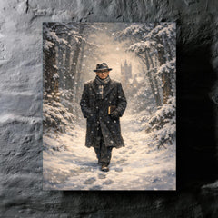 Kurt Godel walking Princeton woods under snowfall metal print mockup
