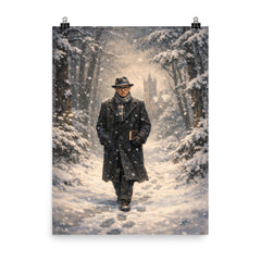 Kurt Godel walking Princeton woods under snowfall poster on a plain backdrop in size 8"x10".