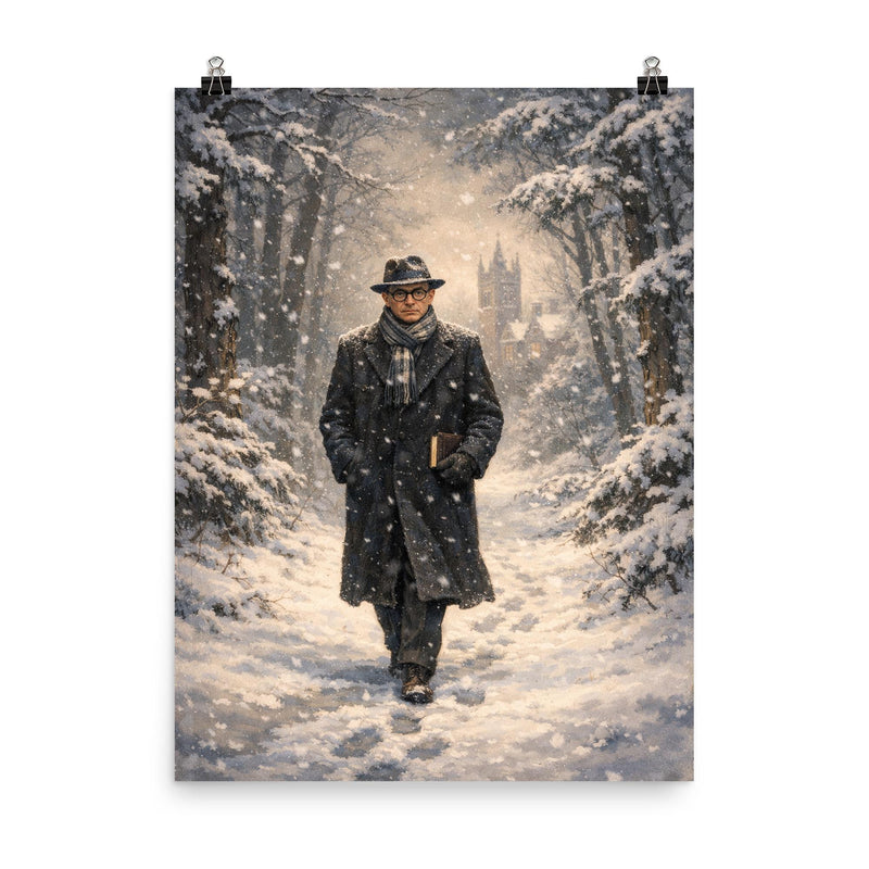 Kurt Godel walking Princeton woods under snowfall poster on a plain backdrop in size 8