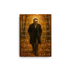 Kurt Godel walking Princeton woods with equations canvas print on a plain backdrop in size 12"x16".