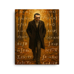 Kurt Godel walking Princeton woods with equations canvas print on a plain backdrop in size 16"x20".
