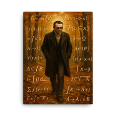 Kurt Godel walking Princeton woods with equations canvas print on a plain backdrop in size 18"x24".
