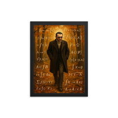 Kurt Godel walking Princeton woods with equations framed print on a plain backdrop in size 12"x16".