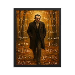 Kurt Godel walking Princeton woods with equations framed print on a plain backdrop in size 16"x20".