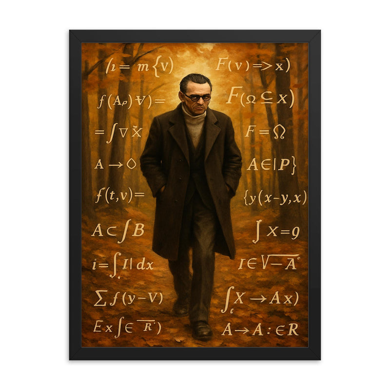Kurt Godel walking Princeton woods with equations framed print on a plain backdrop in size 18