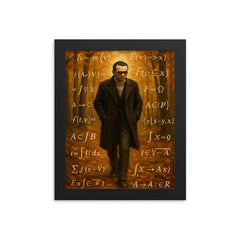 Kurt Godel walking Princeton woods with equations framed print on a plain backdrop in size 8"x10".