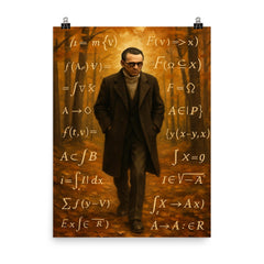 Kurt Godel walking Princeton woods with equations poster on a plain backdrop in size 8"x10".