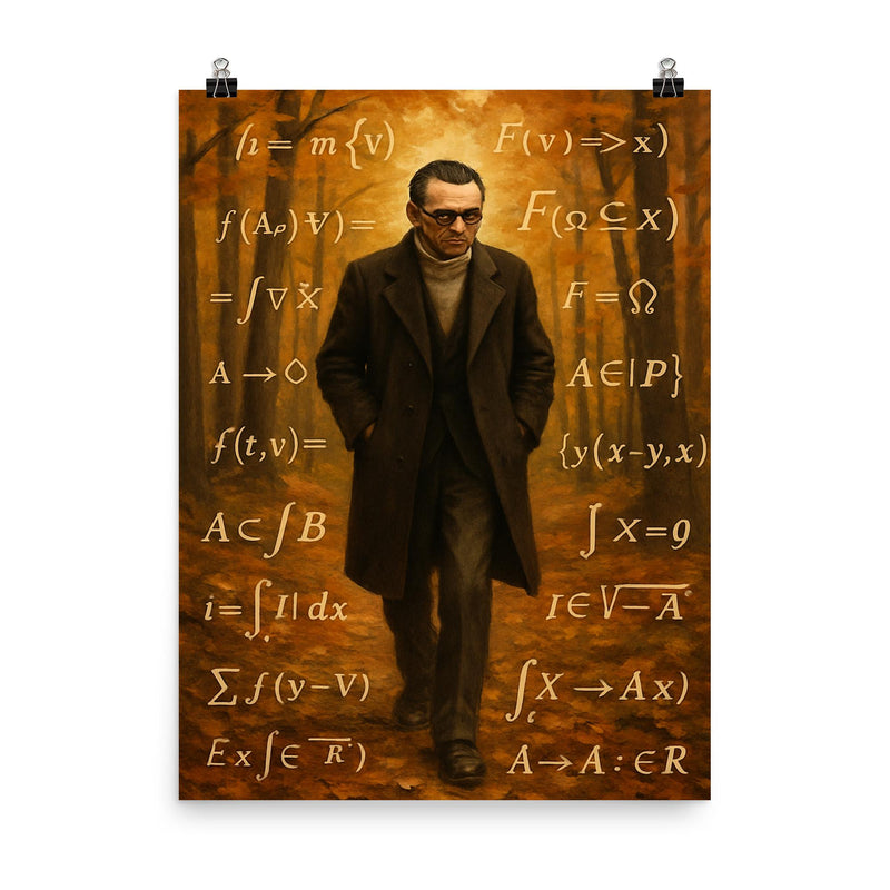 Kurt Godel walking Princeton woods with equations poster on a plain backdrop in size 8