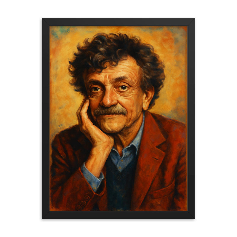 Kurt Vonnegut framed print on a plain backdrop in size 18