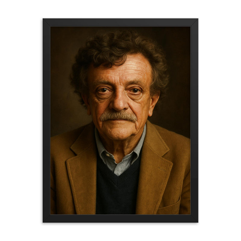 Kurt Vonnegut portrait framed print on a plain backdrop in size 18