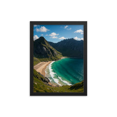 Kvalvika Beach Lofoten Norway framed print on a plain backdrop in size 12"x16".