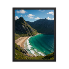 Kvalvika Beach Lofoten Norway framed print on a plain backdrop in size 16"x20".