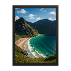 Kvalvika Beach Lofoten Norway framed print on a plain backdrop in size 18"x24".