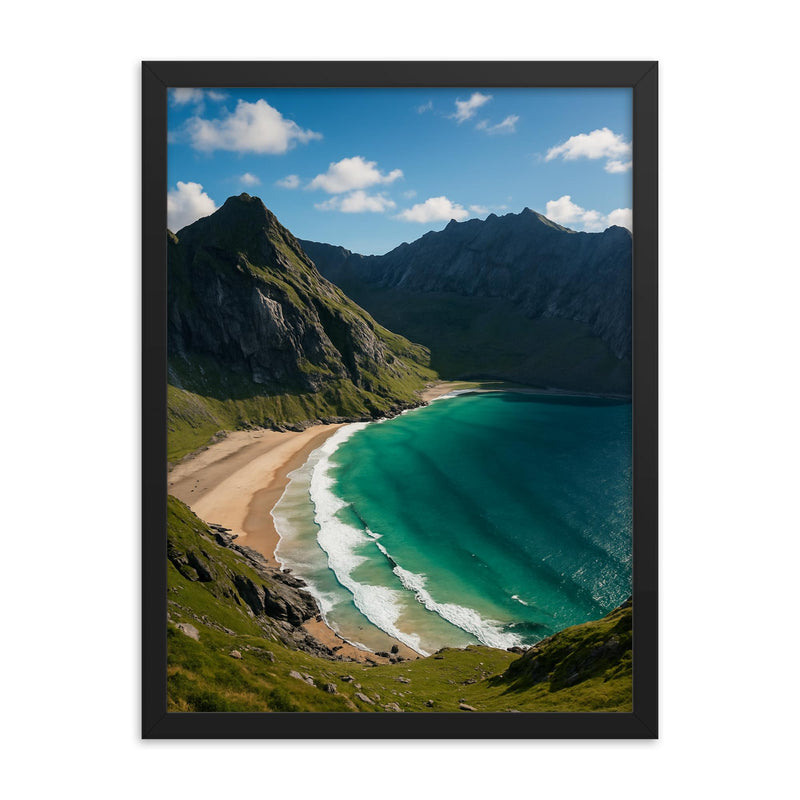 Kvalvika Beach Lofoten Norway framed print on a plain backdrop in size 18
