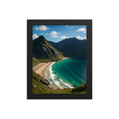 Kvalvika Beach Lofoten Norway framed print on a plain backdrop in size 8"x10".