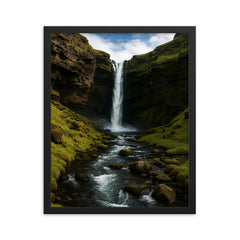 Kvernufoss Waterfall Iceland framed print on a plain backdrop in size 16"x20".