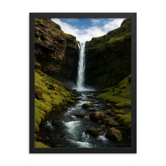 Kvernufoss Waterfall Iceland framed print on a plain backdrop in size 18"x24".
