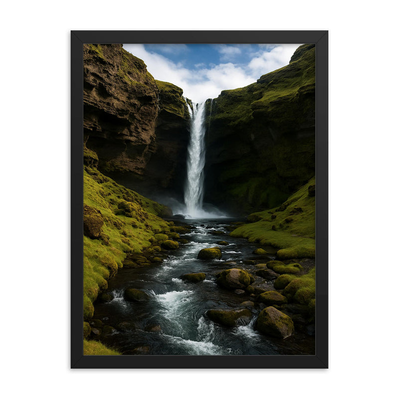 Kvernufoss Waterfall Iceland framed print on a plain backdrop in size 18