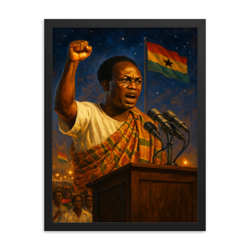 Kwame Nkrumah at midnight independence ceremony framed print on a plain backdrop in size 18