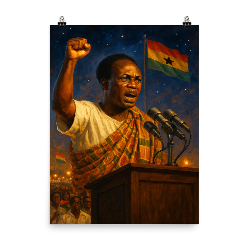 Kwame Nkrumah at midnight independence ceremony poster on a plain backdrop in size 8