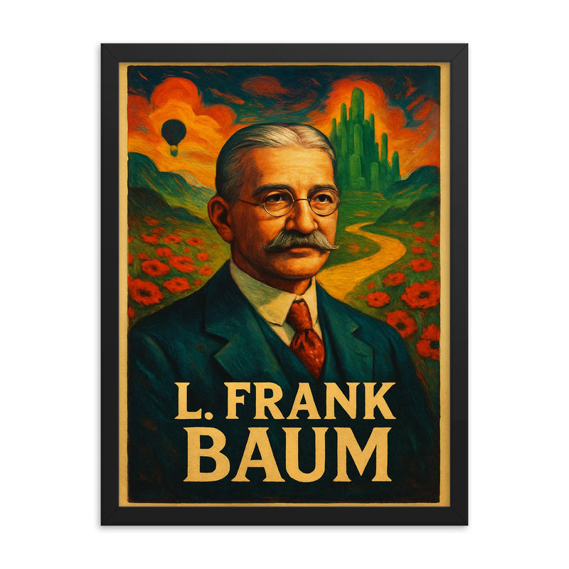 L Frank Baum framed print on a plain backdrop in size 18