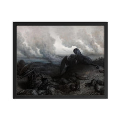L' Enigme by Gustave Dore, 1871 framed print on a plain backdrop in size 16"x20".