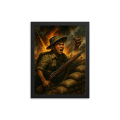 Lachhiman Gurung defending trench with one hand framed print on a plain backdrop in size 12"x16".