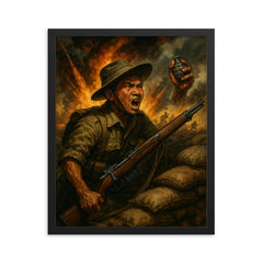 Lachhiman Gurung defending trench with one hand framed print on a plain backdrop in size 16"x20".