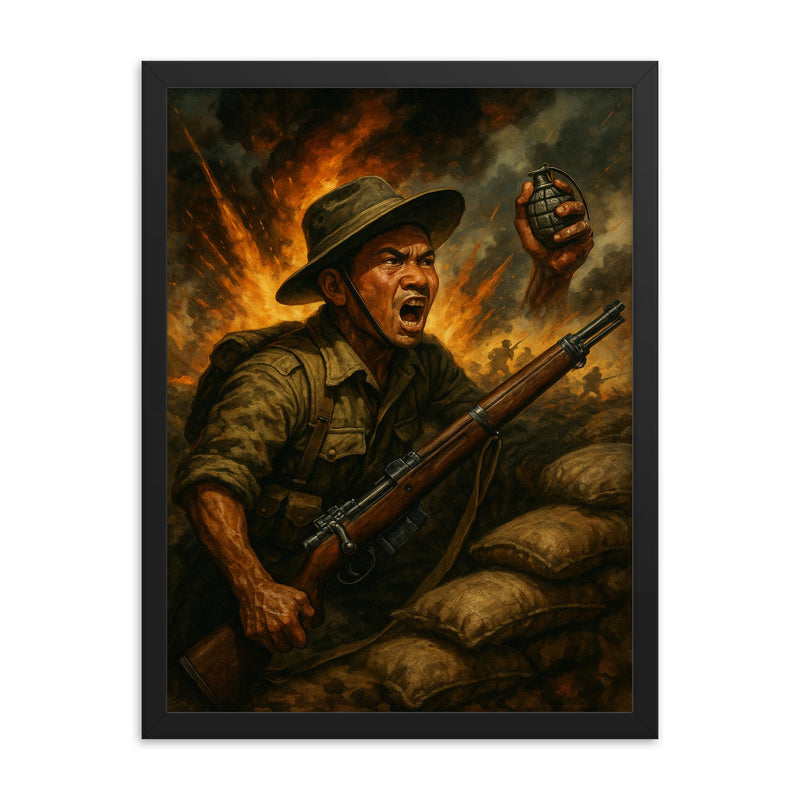 Lachhiman Gurung defending trench with one hand framed print on a plain backdrop in size 18