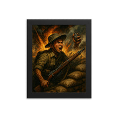 Lachhiman Gurung defending trench with one hand framed print on a plain backdrop in size 8"x10".
