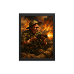 Lachhiman Gurung firing from trench despite wounds framed print on a plain backdrop in size 12"x16".