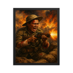 Lachhiman Gurung firing from trench despite wounds framed print on a plain backdrop in size 16"x20".