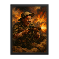 Lachhiman Gurung firing from trench despite wounds framed print on a plain backdrop in size 18"x24".