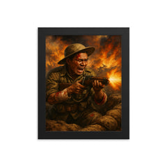 Lachhiman Gurung firing from trench despite wounds framed print on a plain backdrop in size 8"x10".