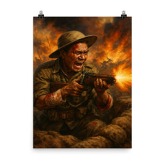 Lachhiman Gurung firing from trench despite wounds poster on a plain backdrop in size 8"x10".