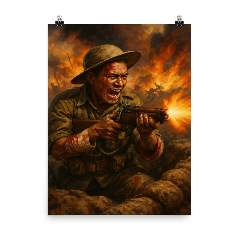 Lachhiman Gurung firing from trench despite wounds poster on a plain backdrop in size 8