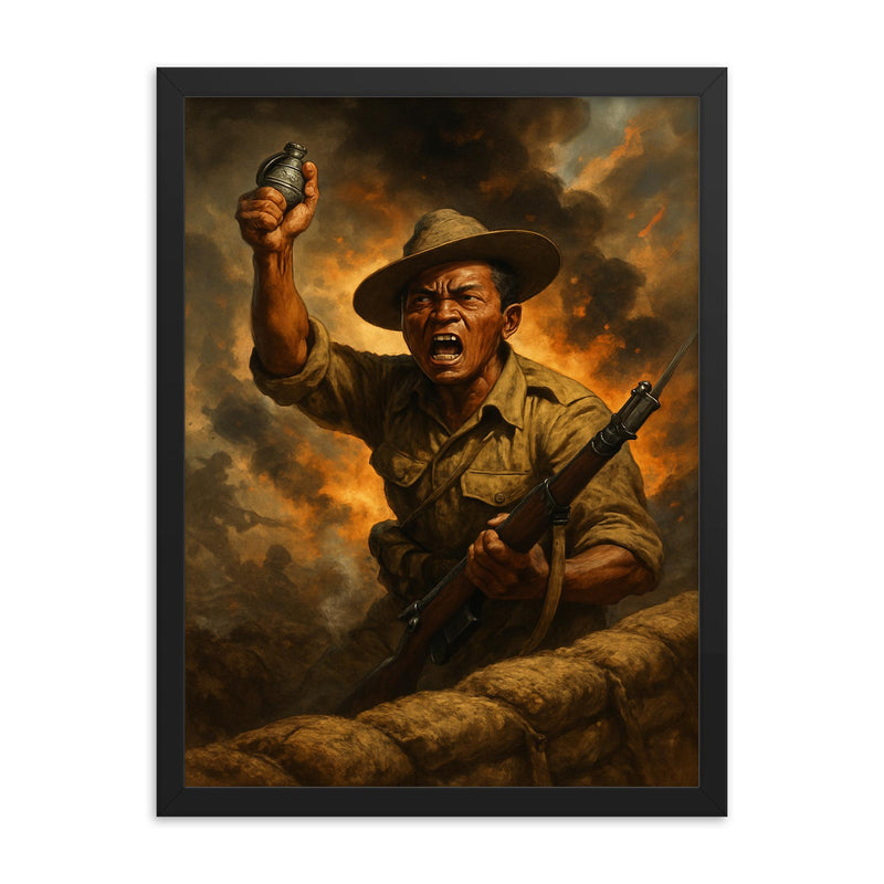 Lachhiman Gurung last stand at trench parapet framed print on a plain backdrop in size 18