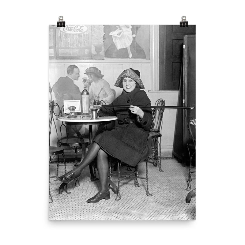 Lady with a hidden flask - a woman pours a drink from a flask hidden inside a cane during the Prohibition era, 1922 poster on a plain backdrop in size 8