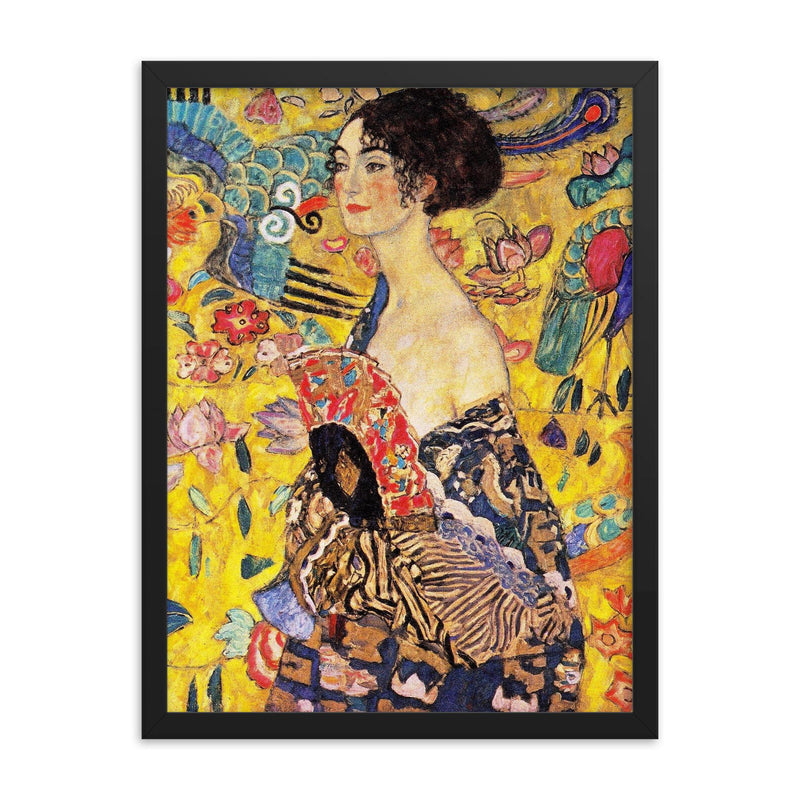 Lady with Fan by Gustav Klimt framed print on a plain backdrop in size 18