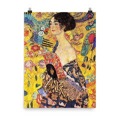 Lady with Fan by Gustav Klimt poster on a plain backdrop in size 8"x10".