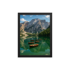 Lago di Braies Pragser Wildsee Italy framed print on a plain backdrop in size 12"x16".