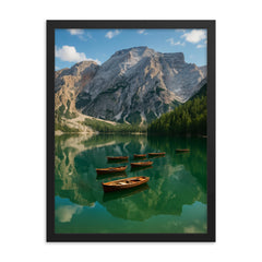 Lago di Braies Pragser Wildsee Italy framed print on a plain backdrop in size 18"x24".