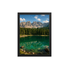 Lago di Carezza Karersee Italy framed print on a plain backdrop in size 12"x16".
