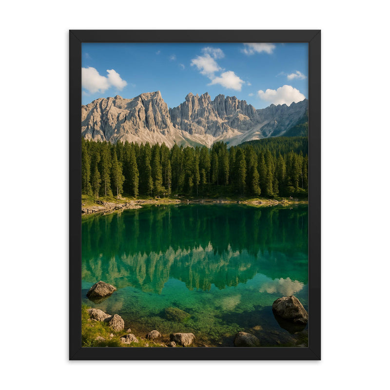 Lago di Carezza Karersee Italy framed print on a plain backdrop in size 18