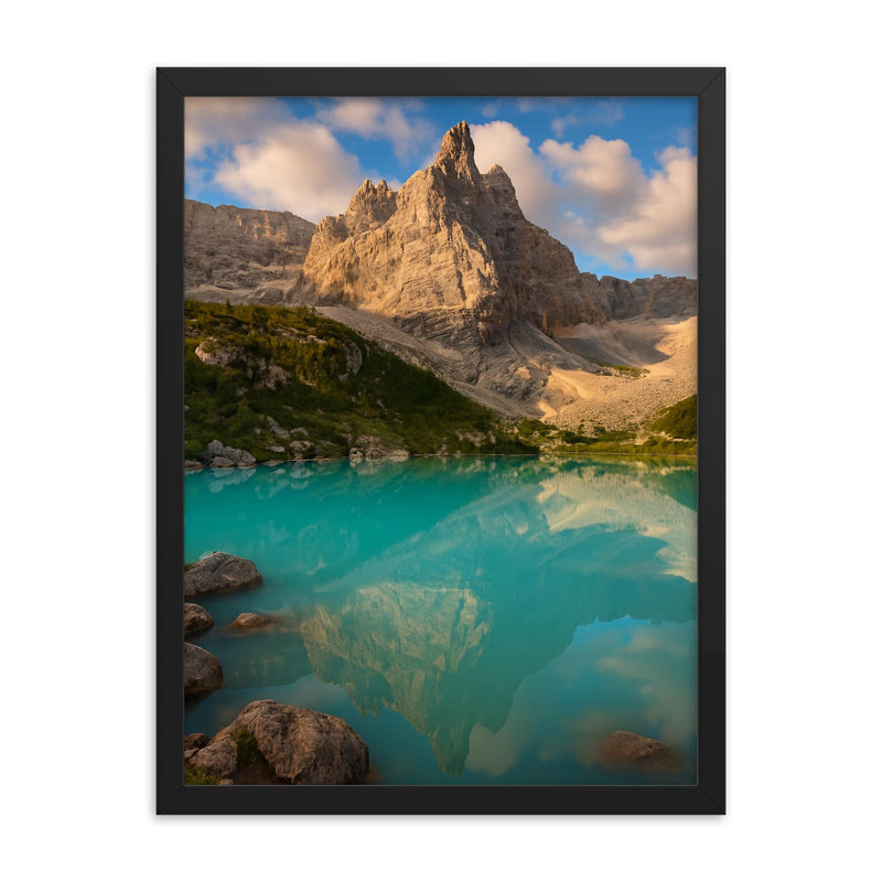 Lago di Sorapis Dolomites Italy framed print on a plain backdrop in size 18