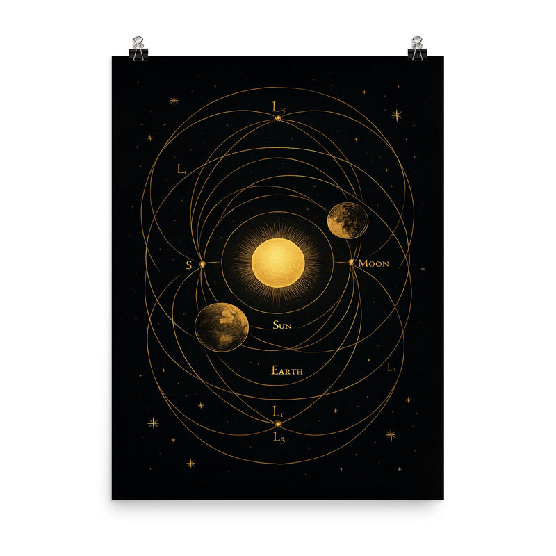 Lagrange points diagram with celestial choreography and gold lines poster on a plain backdrop in size 8