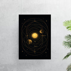 Lagrange points diagram with celestial choreography and gold lines poster 7