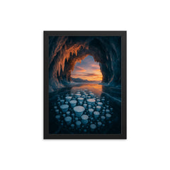 Lake Baikal ice cave with trapped bubbles framed print on a plain backdrop in size 12"x16".