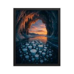 Lake Baikal ice cave with trapped bubbles framed print on a plain backdrop in size 16"x20".