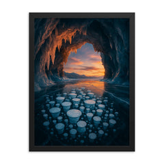 Lake Baikal ice cave with trapped bubbles framed print on a plain backdrop in size 18"x24".